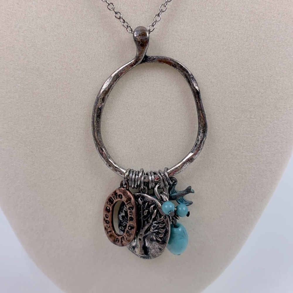 Tree of Life Long Boho charm necklace with ring tree bird bead charms New NWT
